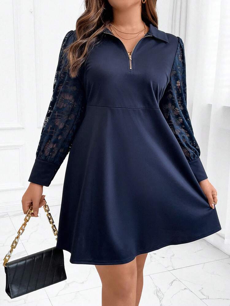 Plus Contrast Lace Lantern Sleeve Half Zip Dress