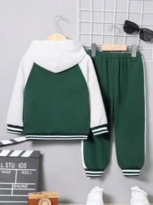 件小男孩休閒街頭風格字母刺繡運動外套拼色肩插袖撞色運動褲適合秋冬 - 彩色 - 查看 2