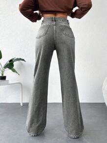Cottnline High Waist Straight Leg Washed Denim Pants - Grey - View 2