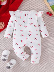 Baby Girl Cherry Print Ruffle Trim Button Front Jumpsuit - White - View 2