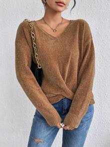 SHEIN Essnce 前扭結落肩袖套頭毛衣 - 棕色 - 查看 3