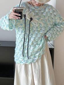 Floral Decor Drop Shoulder Oversized Sweater - Blue - View 4