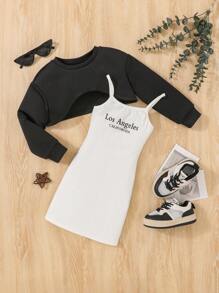 Young Girl Letter Graphic Cami Dress & Super Crop Pullover - Black and White - View 1