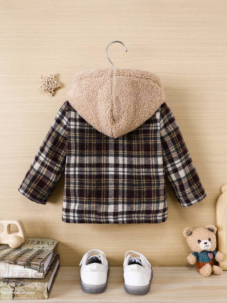 男の子赤ちゃん 格子縞プリント コントラスト テディ Tシャツなし フード付きコート