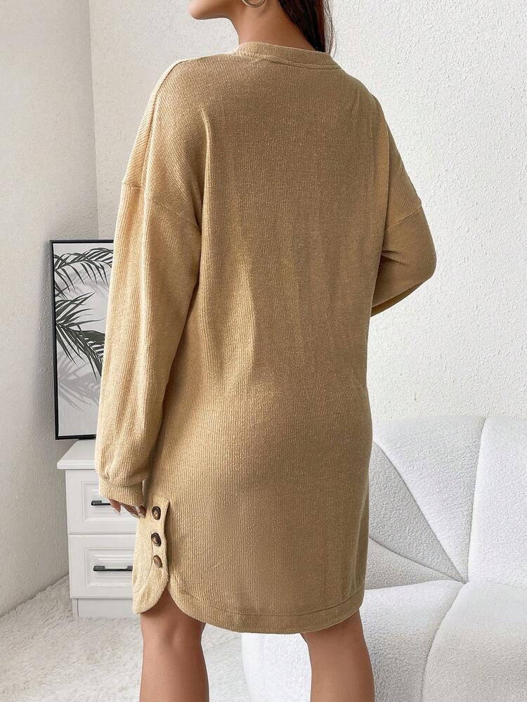Maternity Button Detail Drop Shoulder Curved Hem Tee Dress