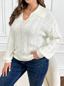 SHEIN LUNE Plus Cable Knit Drop Shoulder Sweater - White - View 4