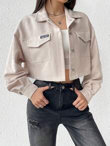 SHEIN EZwear 字母補丁細節翻蓋口袋落肩袖短夾克 - 杏色 - 查看 4
