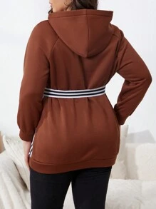 Flirla Sudadera con bolsillo canguro, mangas raglán y cinturón, talla grande - Marrón - Ver 2