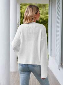 SHEIN Frenchy V領落肩袖套頭毛衣 - 白色 - 查看 2