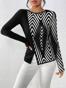 SHEIN Privé Geo Print Split Hem Tee - Black and White - View 6