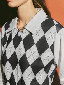 Muchica 菱形印花燈籠袖襯衫 - 黑與白 - 查看 5