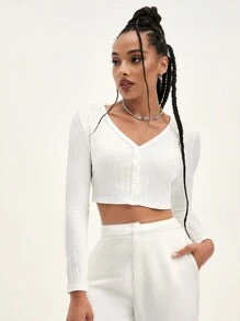 Muchica V Neck Button Front Ribbed Top - White - View 5