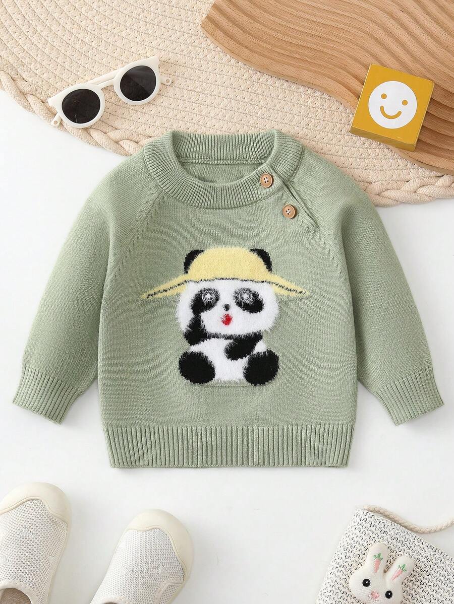 Baby Boy Panda Pattern Raglan Sleeve Sweater - Green - View 1