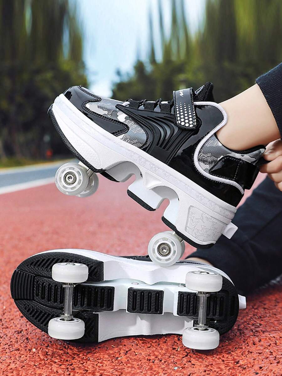 可變形鞋適用於兒童6-15歲,四滾輪溜冰鞋那即可使用適用於步行,滑動和溜冰,合適的適用於女孩特技鞋 - 黑色 - 查看 1