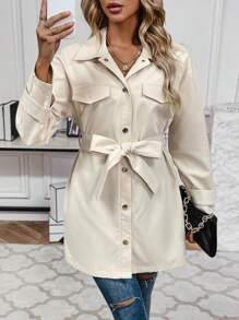SHEIN Essnce Flap Detail Drop Shoulder Belted Coat - Apricot - View 4