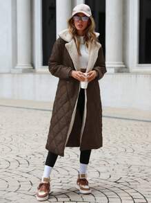 SHEIN Cottnline Women's Brown Fluffy Thermal Turn-down Collar Padded Coat - Chocolate Brown - View 4