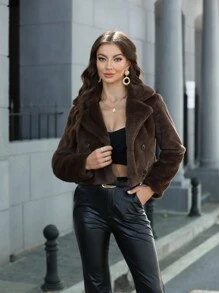 1pc Lapel Neck Crop Fuzzy Coat - Coffee Brown - View 1