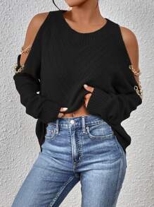 SHEIN LUNE 鏈條細節挖肩套頭毛衣 - 黑色 - 查看 5