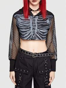 ROMWE Grunge Punk 連帽套頭衫,網眼拼接設計 - 黑色 - 查看 2