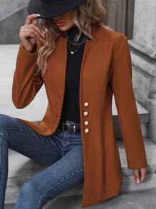 SHEIN Clasi Solid Button Detail Overcoat - Brown - View 6