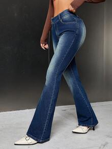 SHEIN ICON Cao eo Quần ống loe - Rửa tối - Xem 3