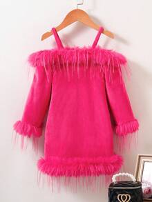 SHEIN Cô Gái Trẻ Trang trí Fuzzy Vai lạnh Đầm - Màu Hồng Tươi - Xem 5