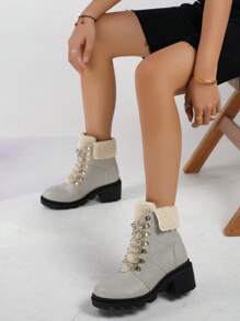 女款及踝靴，休閒，保暖，粗跟，純色，繫帶，圓頭，人造羔羊毛短靴 - 灰色 - 查看 4