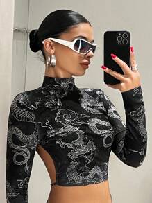 SHEIN ICON Camiseta Corta Negra Sin Espalda, Con Cuello Alto Falso, Gráficos De Dragón Chino Y Nudo En La Espalda - Negro - Ver 4