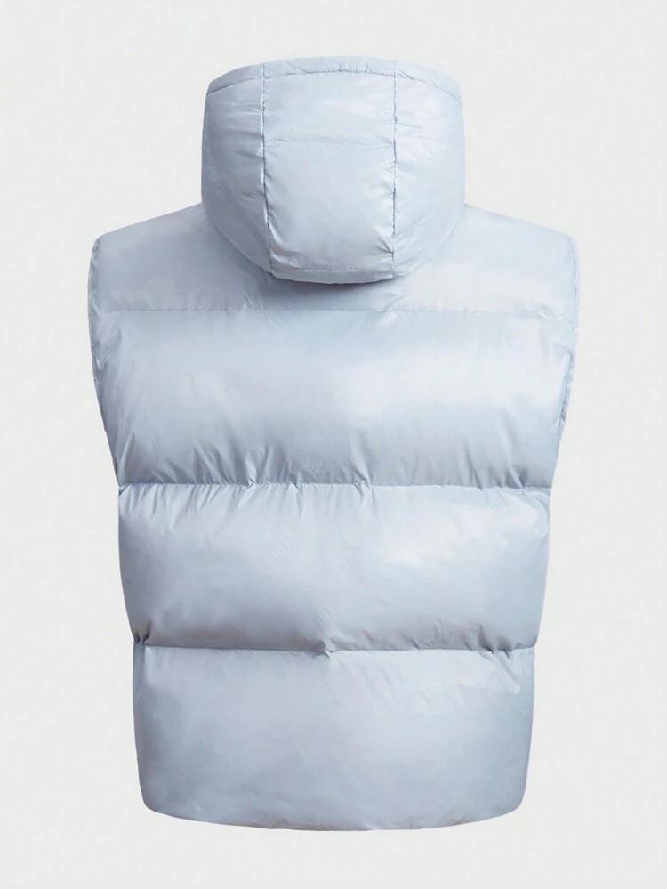 Men's Hooded Oversized Puffer Vest Coat With Snap Buttons, For Fall Winter