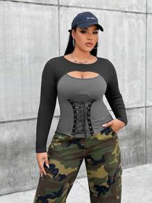 Flirla Plus Colorblock Cut Out Lace Up Front 2 in 1 Tee - Multicolor - View 6