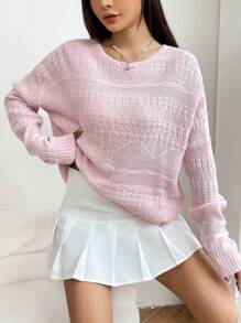 SHEIN Unity Chất rắn Thả vai Áo len - Hồng - Xem 4