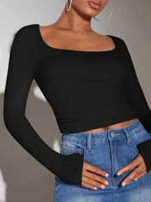 SHEIN BAE Camiseta crop de cuello cuadrado fruncido lateral - Negro - Ver 5