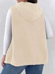 SHEIN LUNE 大碼拉鏈開襟連帽絨毛外套馬甲 - 杏色 - 查看 2