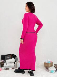 SHEIN Qutie Kích thước lớn Khối màu Áo len Và Bộ váy Với Ngực đơn Khép kín - Màu Hồng Tươi - Xem 2