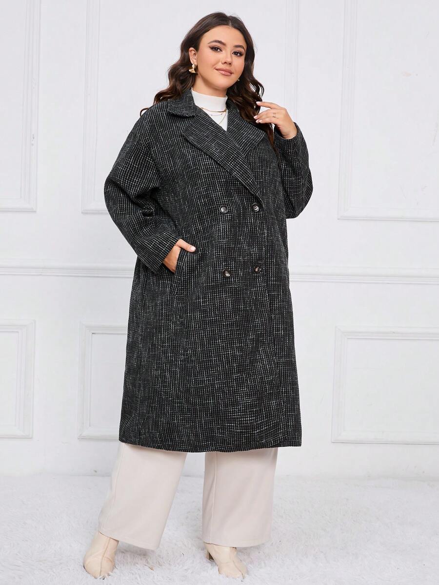 EMERY ROSE 大碼西裝領雙排釦花呢外套 - 藍色 - 查看 1