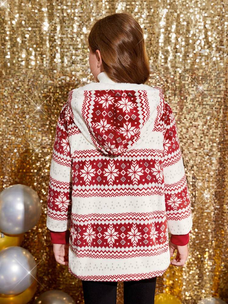 SHEIN 女大童幾何印花連帽搖粒絨外套適用於聖誕 - 紅色 - 查看 2