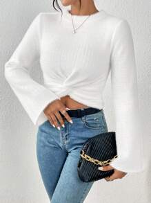 SHEIN Frenchy Twist Front Trumpet Sleeve Crop Sweater - Apricot - View 5