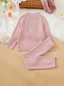 SHEIN Young Girl Solid Raglan Sleeve Sweater & Knit Pants & Scarf - Pink - View 2