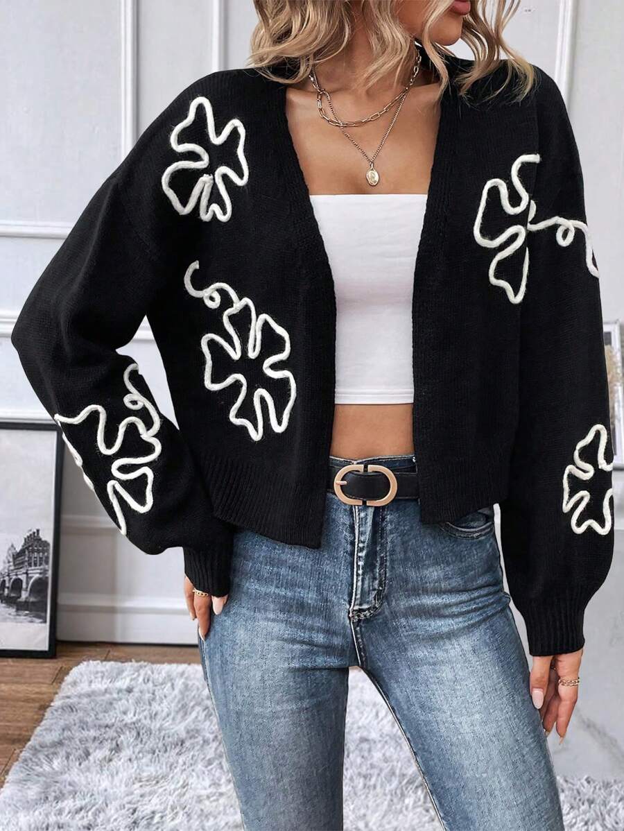 SHEIN LUNE 花卉圖案落肩袖開襟開衫 - 黑與白 - 查看 1