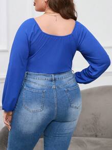 SHEIN Essnce Plus Ruched Bust Lantern Sleeve Bodysuit - Royal Blue - View 2