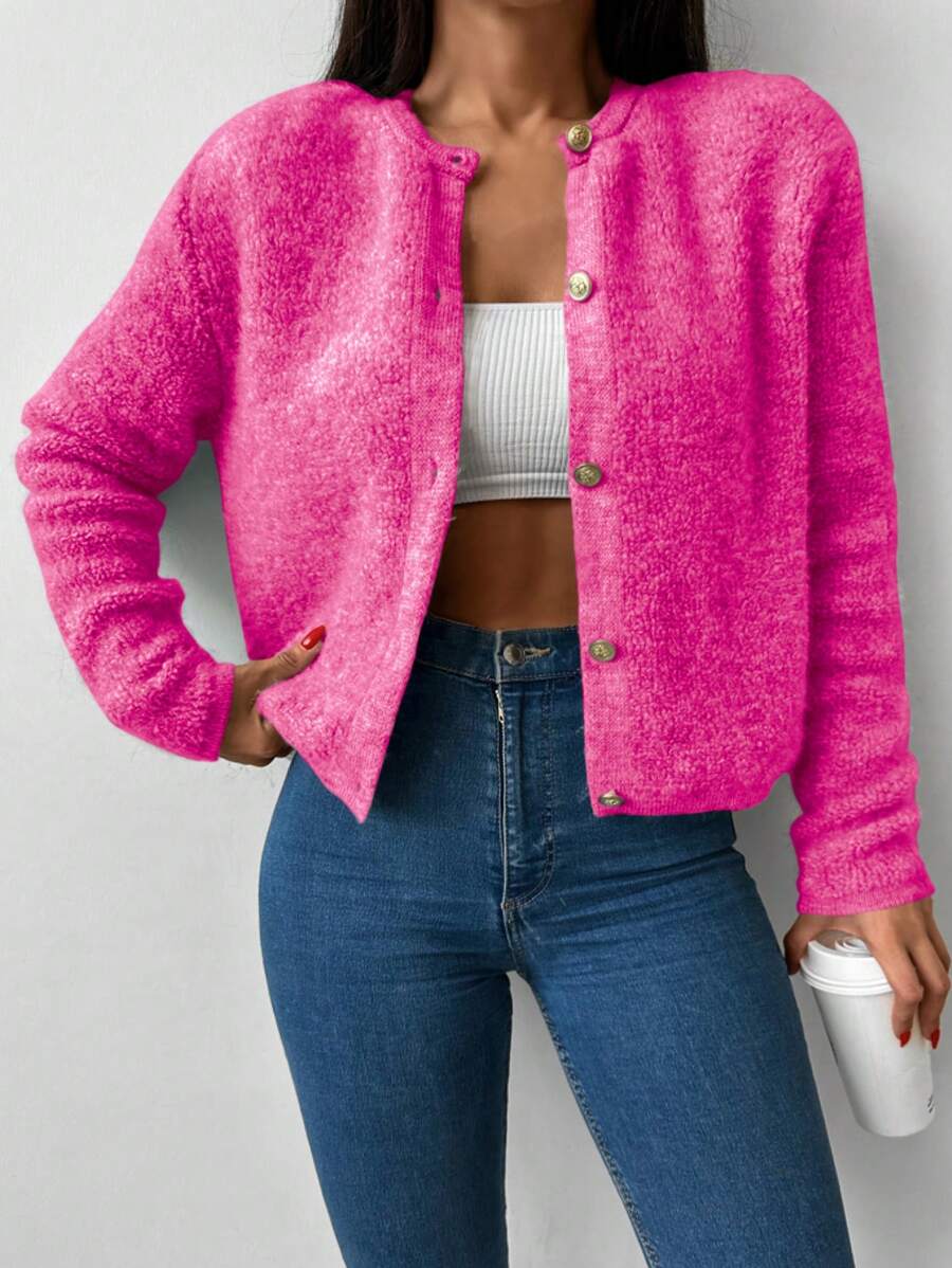 EURMUSE Solid Button Front Cardigan - Pink - View 1