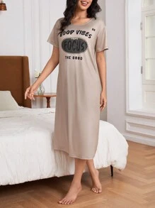 Letter Graphic Pajama Nightdress - Camel - View 3