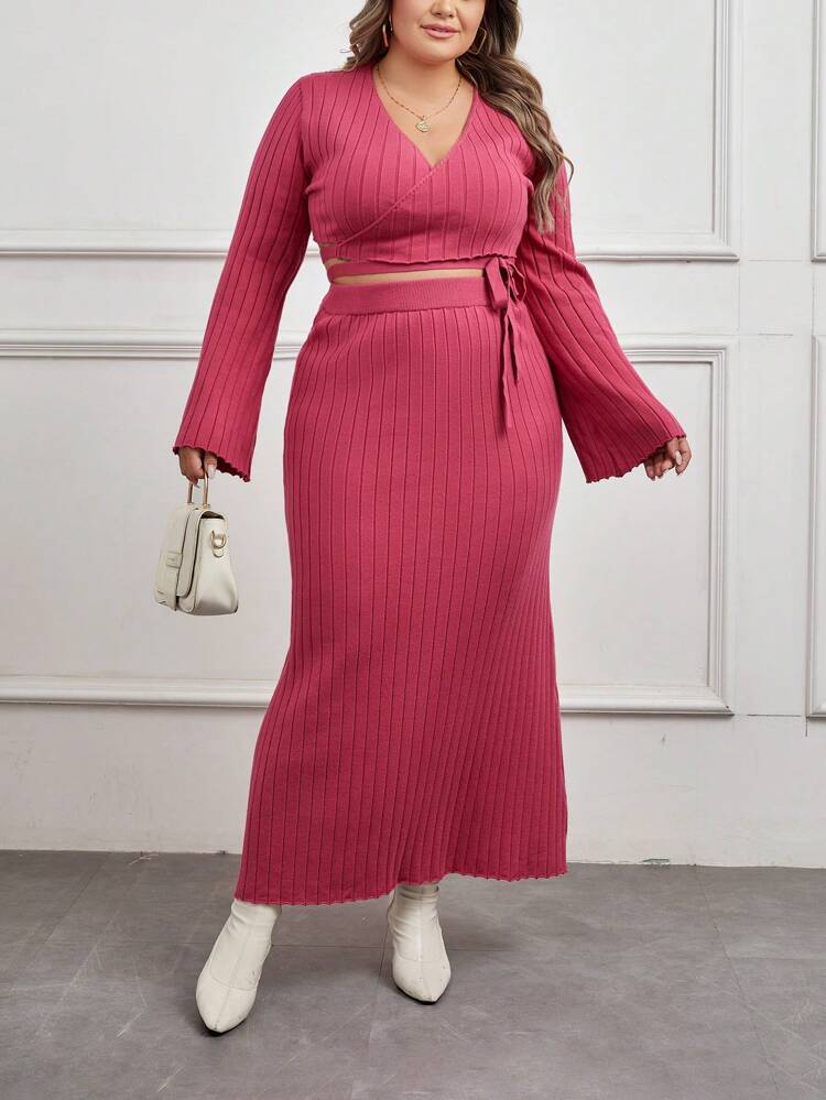 Plus Surplice Neck Knot Side Crop Sweater & Knit Skirt