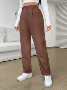 SHEIN EZwear Pantalones zanahoria de talle alto con fruncido - Marrón - Ver 4