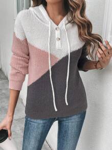 SHEIN LUNE Colorblock Half Button Drawstring Hooded Drop Shoulder Knit Pullover Fall Winter Sweater - Multicolor - View 1