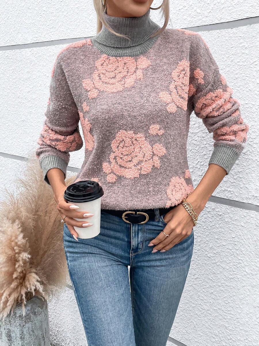 SHEIN LUNE Mô hình hoa Áo cao cổ Thả vai Áo len - Nhiều màu - Xem 1