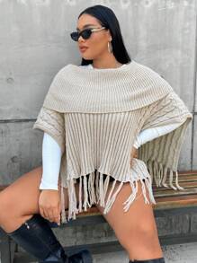 Flirla Plus 1 pièce Poncho Pliable Col Bardot À Franges Manches Chauve-Souris