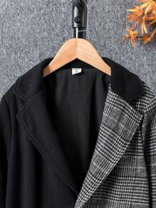 SHEIN Tween Boy 1pc Contrast Plaid Dual Pocket Lapel Neck Overcoat