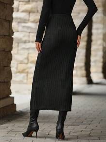 SHEIN Clasi Button Front Ribbed Knit Skirt - Black - View 2