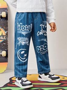 SHEIN 男小童卡通和字母圖案牛仔效果印花衛褲 - 黑色 - 查看 4